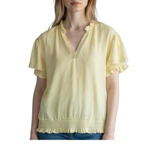Andrew Marc New York Yellow Textured V Neck Smocked Hem Ruffle Sleeve Blouse XL